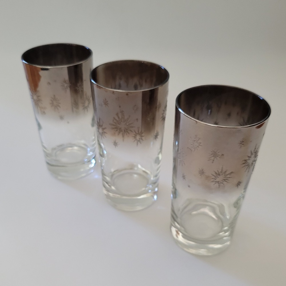 Dorothy Thorpe High Ball Glasses 3 Vintage Silver Atomic Starburst Lusterware